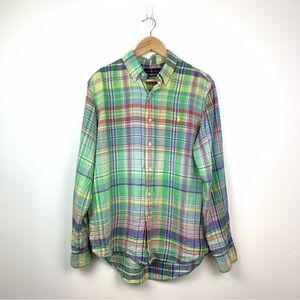 Ralph Lauren Button Shirt Mens Large Ocean Wash Linen Plaid Long Sleeve Preppy